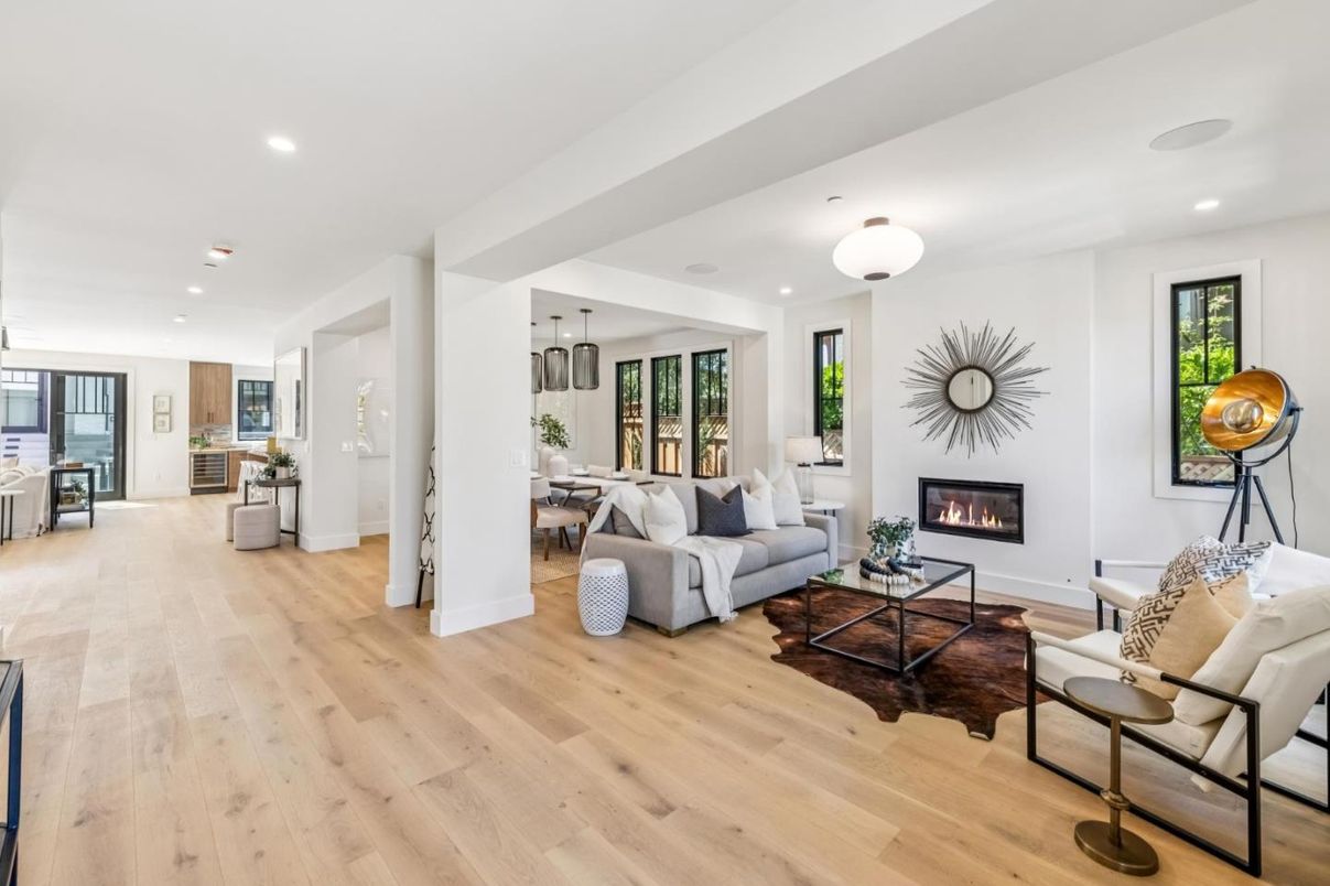 Dining room, Fireplace, Interior, Kitchen, Living room, Pendant Lights, Recessed Lighting, Wood Texture Flooring