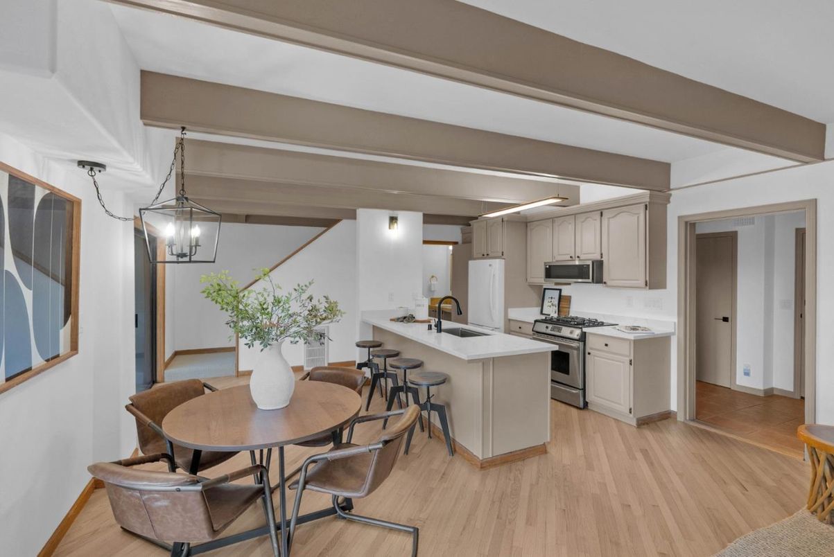 Dining room, Interior, Kitchen, Pendant Lights, Stainless Steel Appliances, Wood Texture Flooring