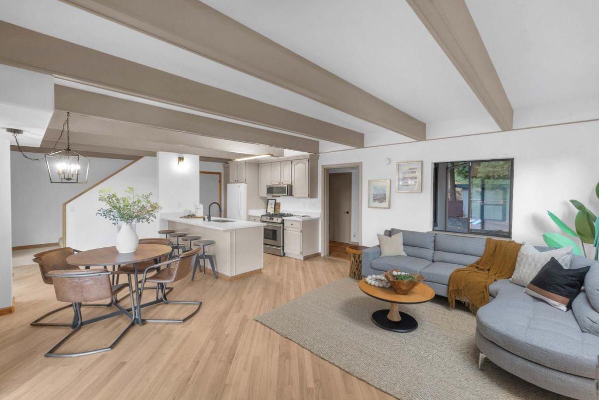 Dining room, Interior, Kitchen, Living room, Pendant Lights, Stainless Steel Appliances, Wood Texture Flooring