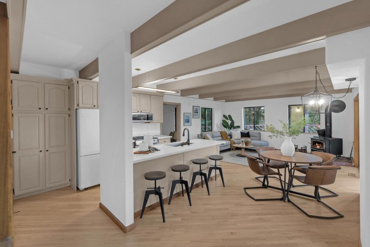 Dining room, Fireplace, Interior, Kitchen, Living room, Pendant Lights, Wood Texture Flooring