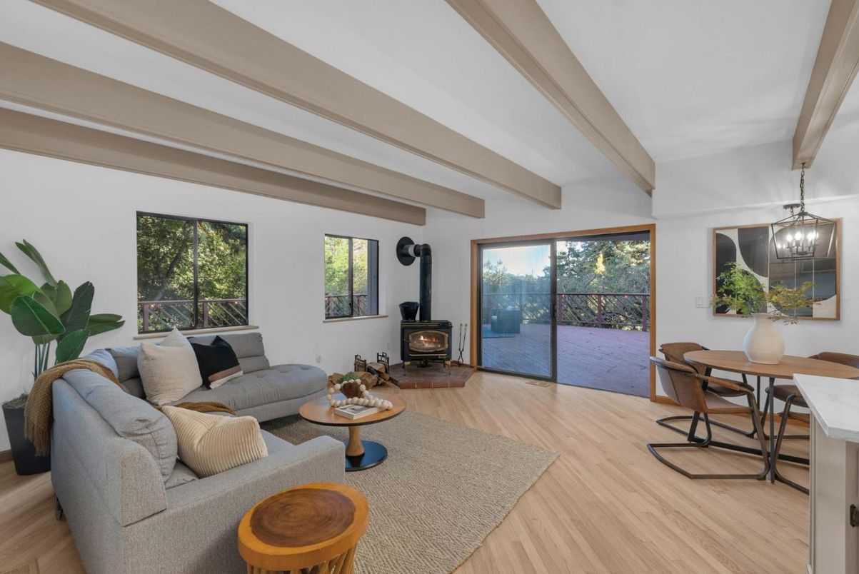 Dining room, Fireplace, Interior, Living room, Pendant Lights, Wood Texture Flooring