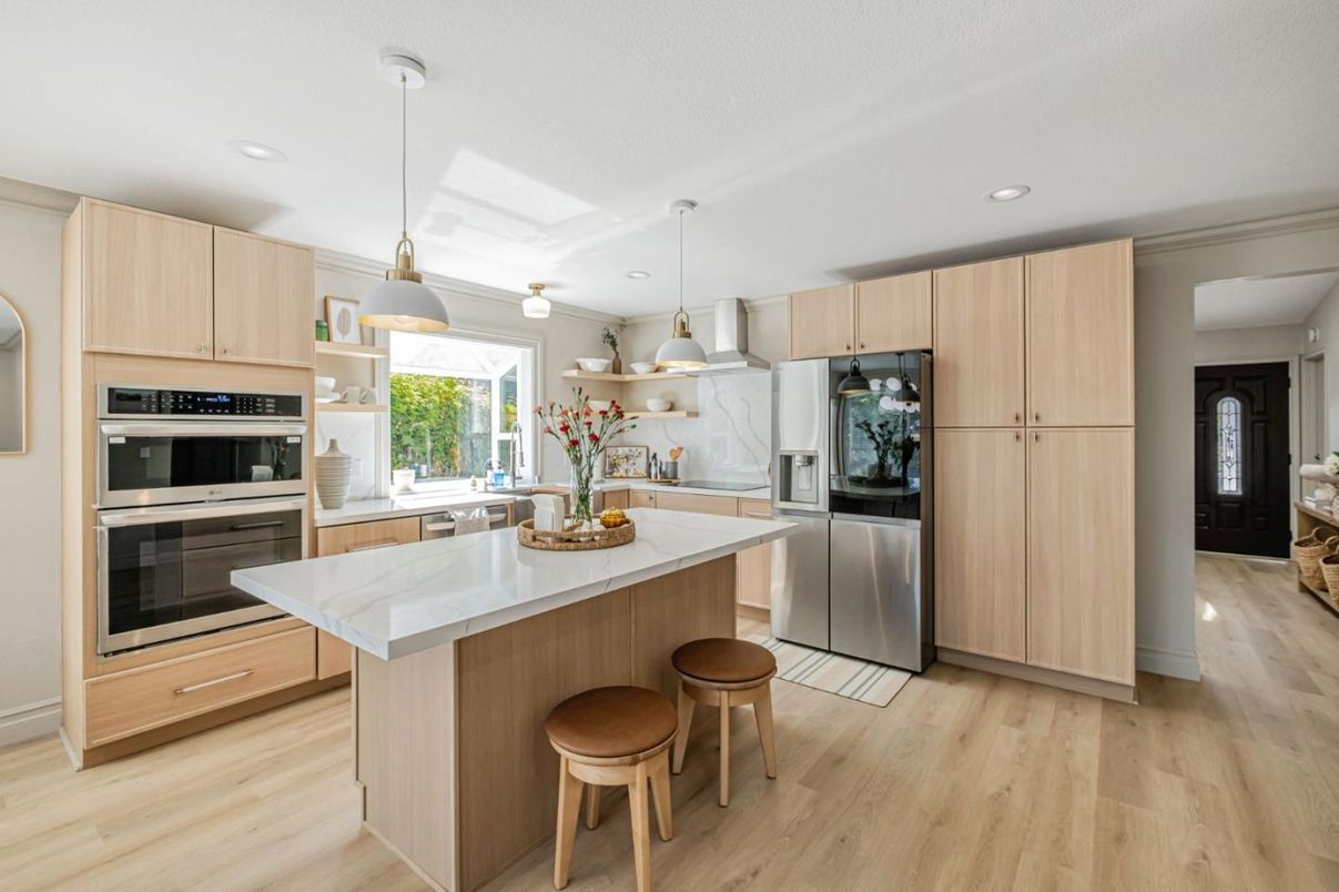 Interior, Kitchen, Pendant Lights, Recessed Lighting, Stainless Steel Appliances, Wood Texture Flooring