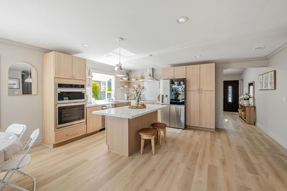 Interior, Kitchen, Pendant Lights, Recessed Lighting, Stainless Steel Appliances, Wood Texture Flooring