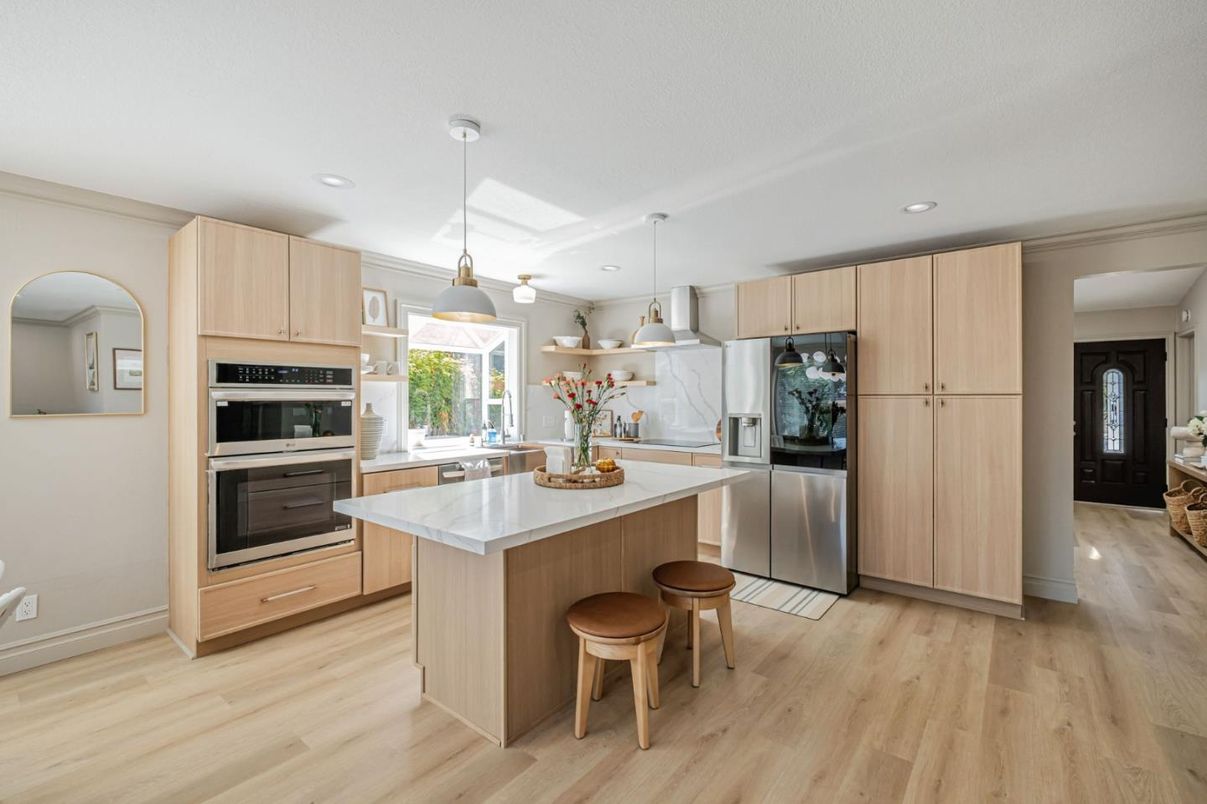 Interior, Kitchen, Pendant Lights, Recessed Lighting, Stainless Steel Appliances, Wood Texture Flooring