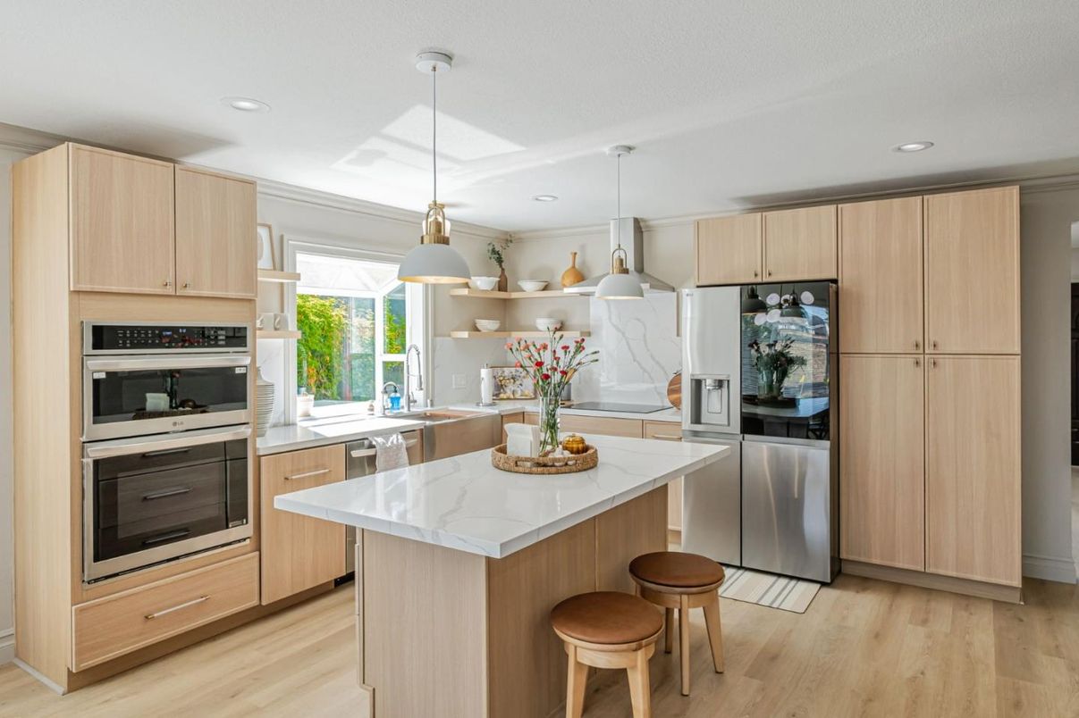 Interior, Kitchen, Pendant Lights, Recessed Lighting, Stainless Steel Appliances, Wood Texture Flooring