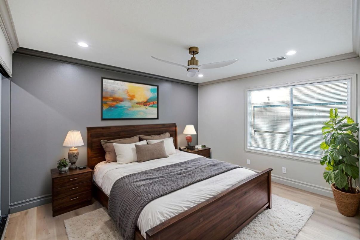 Bedroom, Interior, Recessed Lighting, Wood Texture Flooring