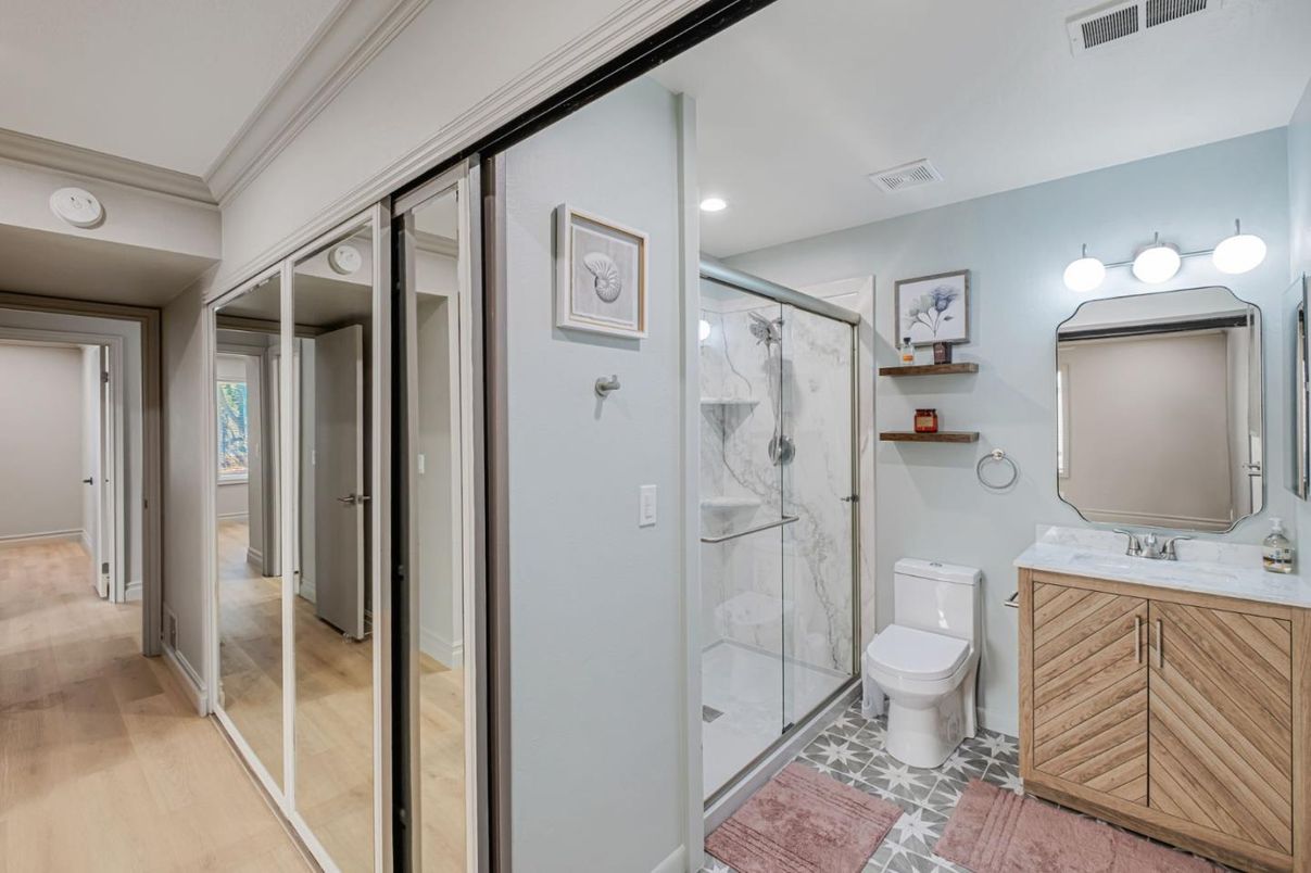 Bathroom, Glass Shower, Interior, Marble Walls, Recessed Lighting, Wood Texture Flooring