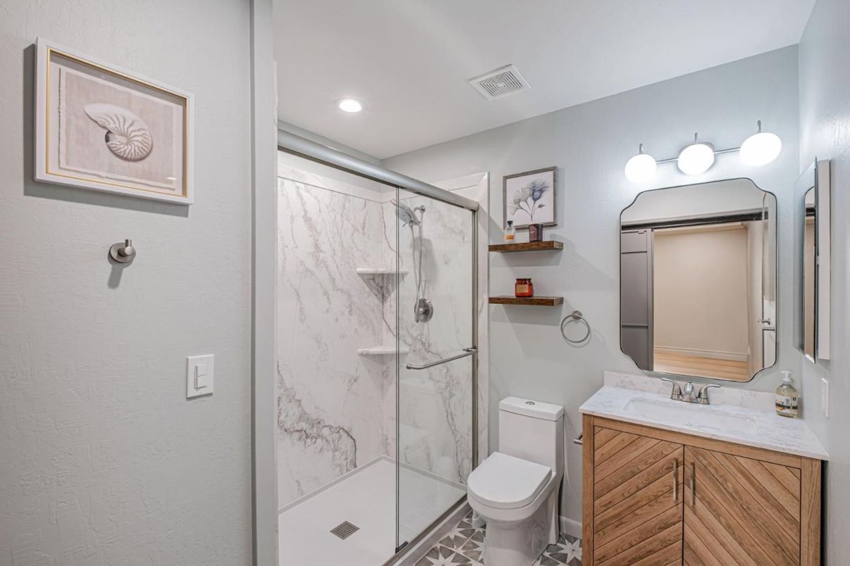 Bathroom, Glass Shower, Interior, Marble Walls, Recessed Lighting