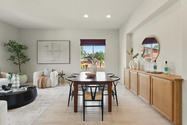 Dining room, Interior, Living room, Recessed Lighting, Wood Texture Flooring