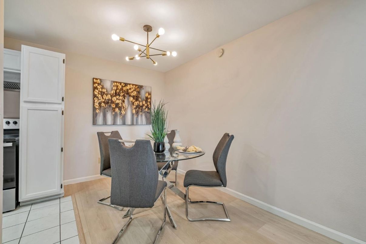Dining room, Interior, Pendant Lights, Wood Texture Flooring
