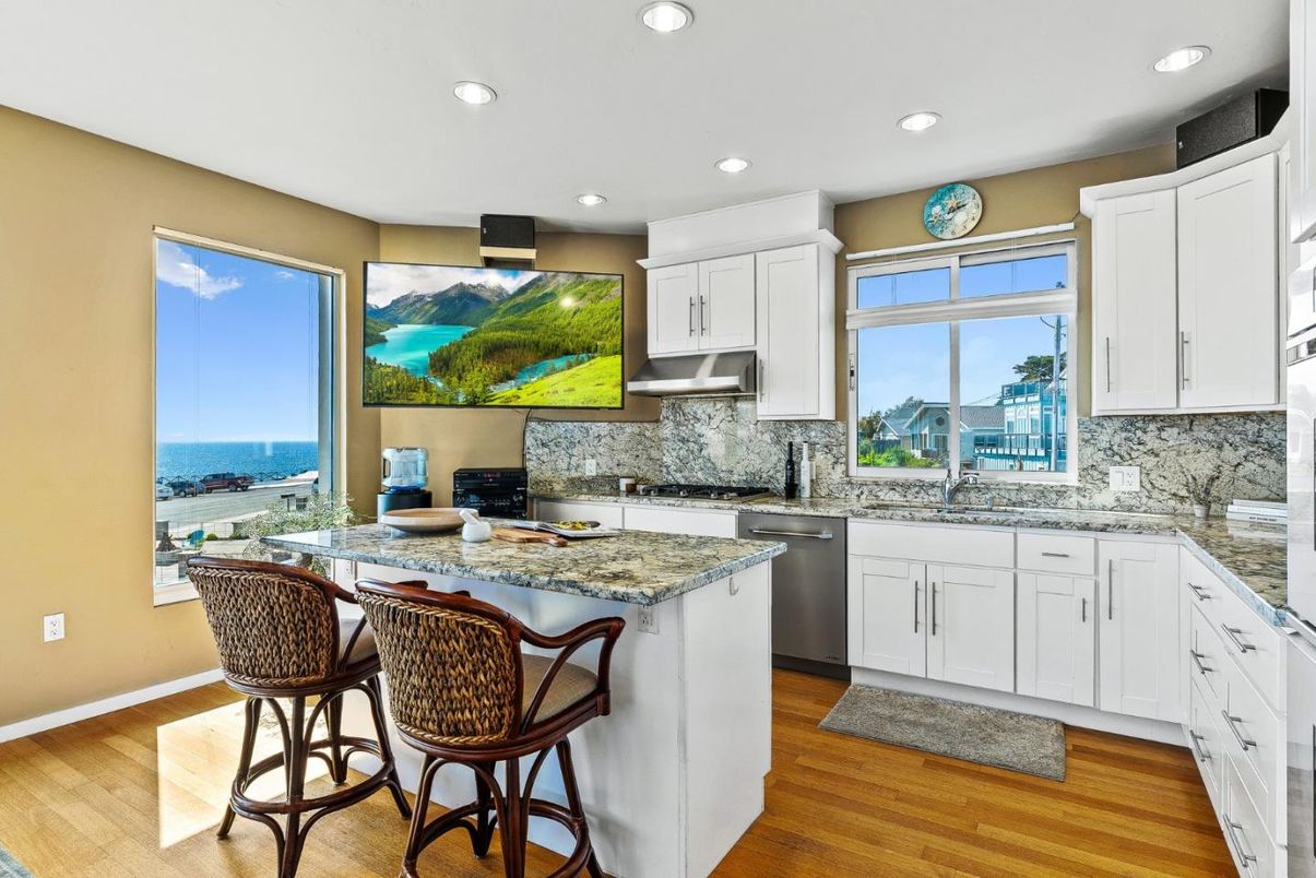 Interior, Kitchen, Recessed Lighting, Stainless Steel Appliances, Water, Wood Texture Flooring