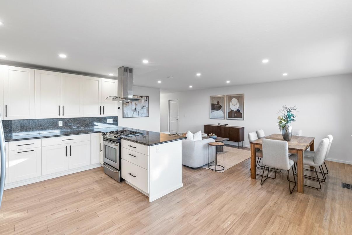 Dining room, Interior, Kitchen, Living room, Recessed Lighting, Wood Texture Flooring