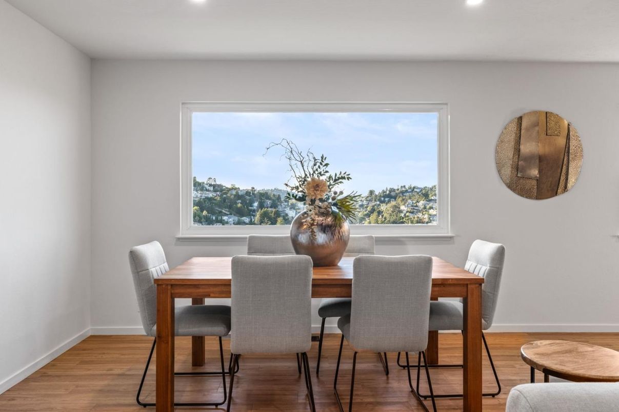 Dining room, Interior, Recessed Lighting, Wood Texture Flooring