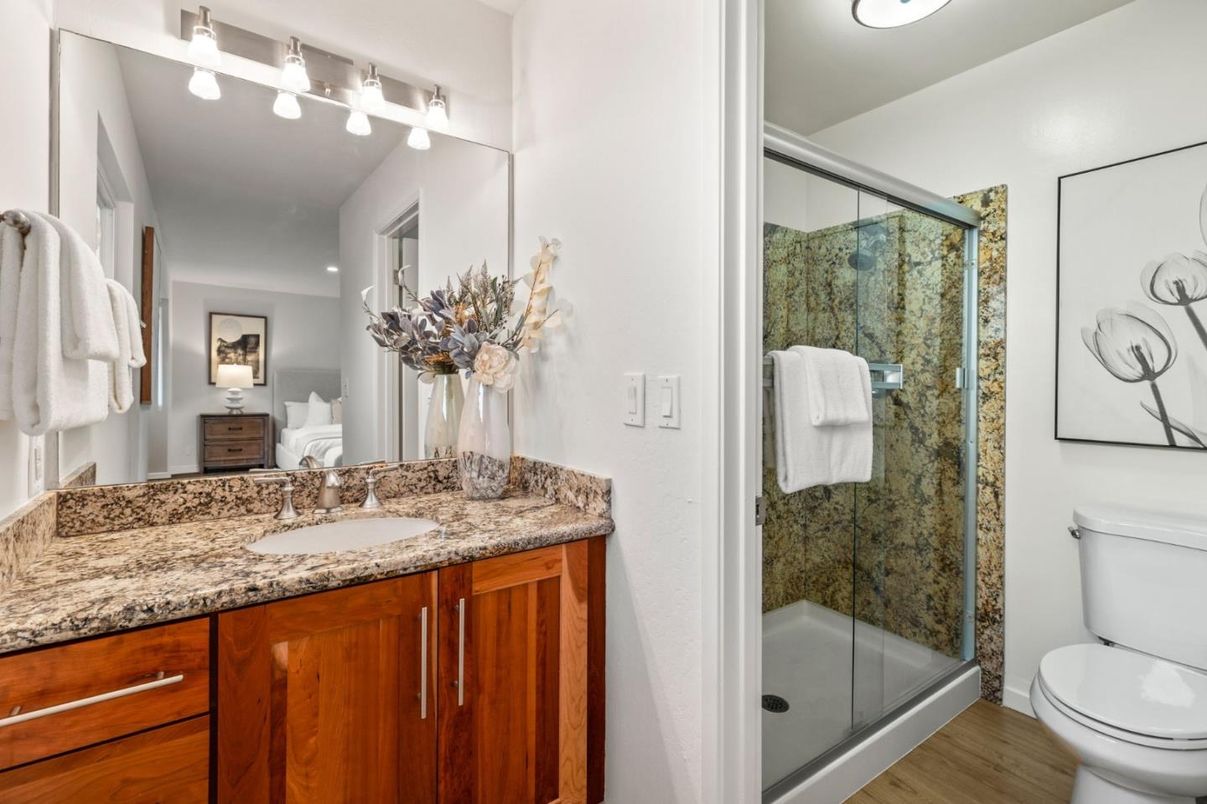 Bathroom, Glass Shower, Interior, Wood Texture Flooring