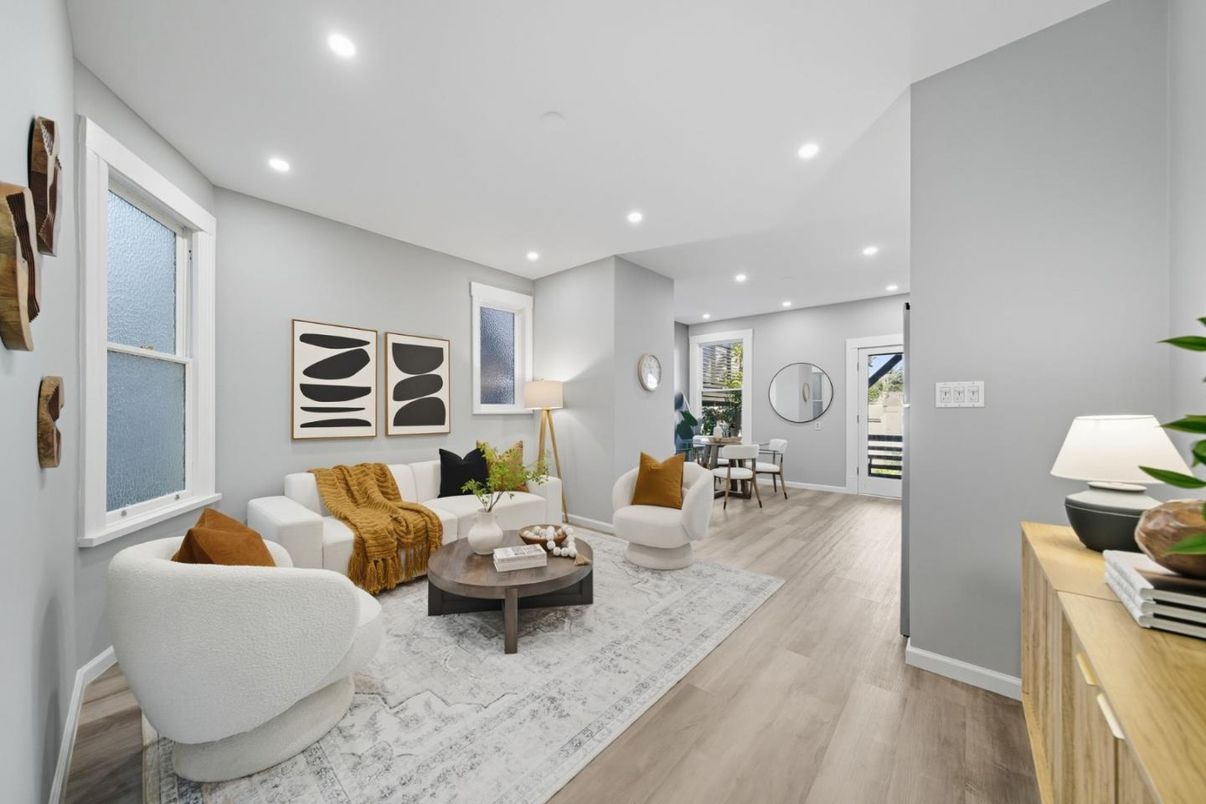 Dining room, Interior, Living room, Recessed Lighting, Wood Texture Flooring