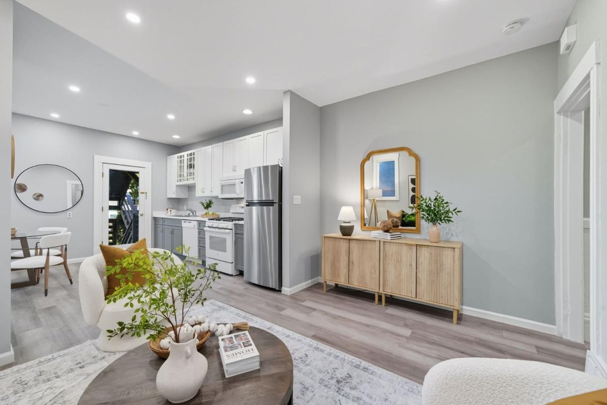 Dining room, Interior, Kitchen, Recessed Lighting, Stainless Steel Appliances, Wood Texture Flooring