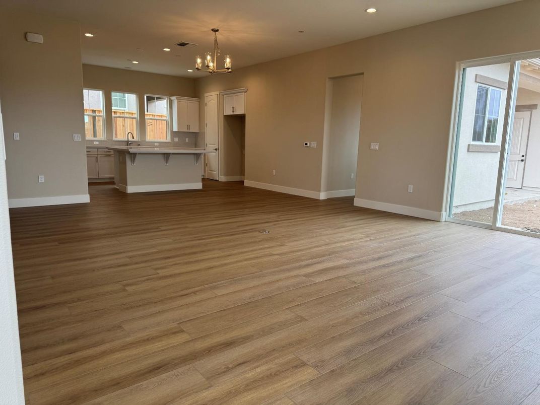 Empty room, Interior, Kitchen, Pendant Lights, Recessed Lighting, Wood Texture Flooring