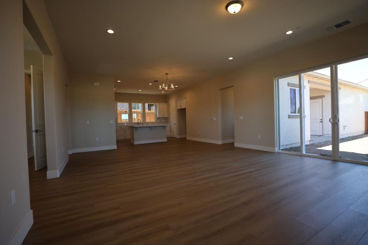 Chandelier, Empty room, Interior, Kitchen, Pendant Lights, Recessed Lighting, Wood Texture Flooring