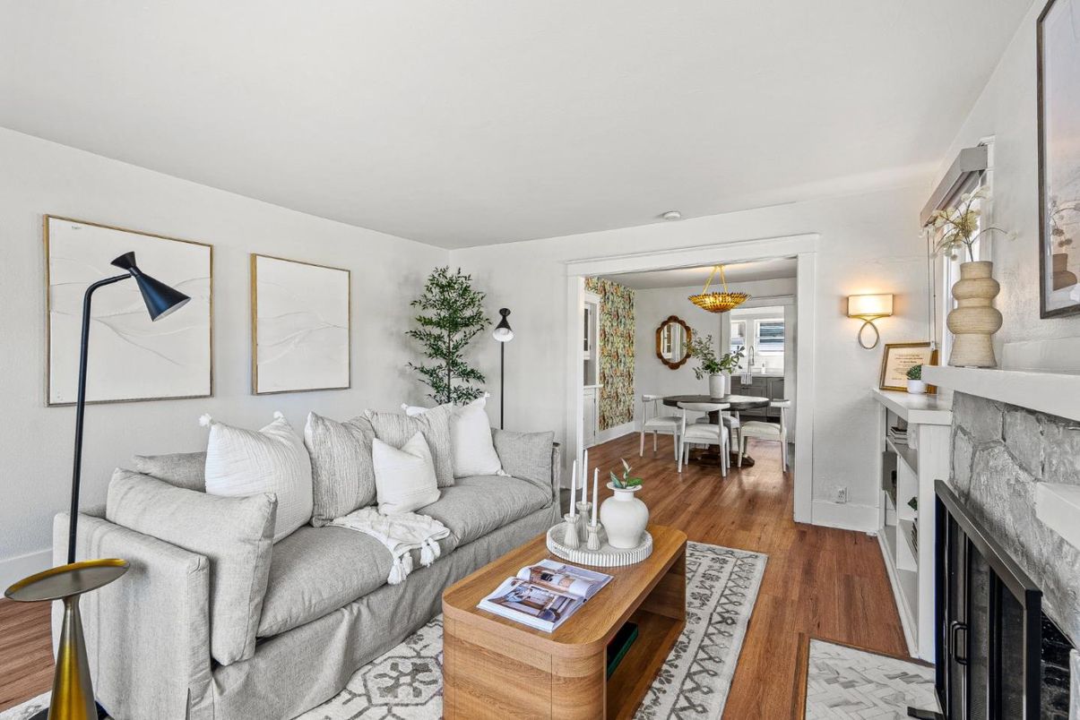 Dining room, Fireplace, Interior, Living room, Wood Texture Flooring