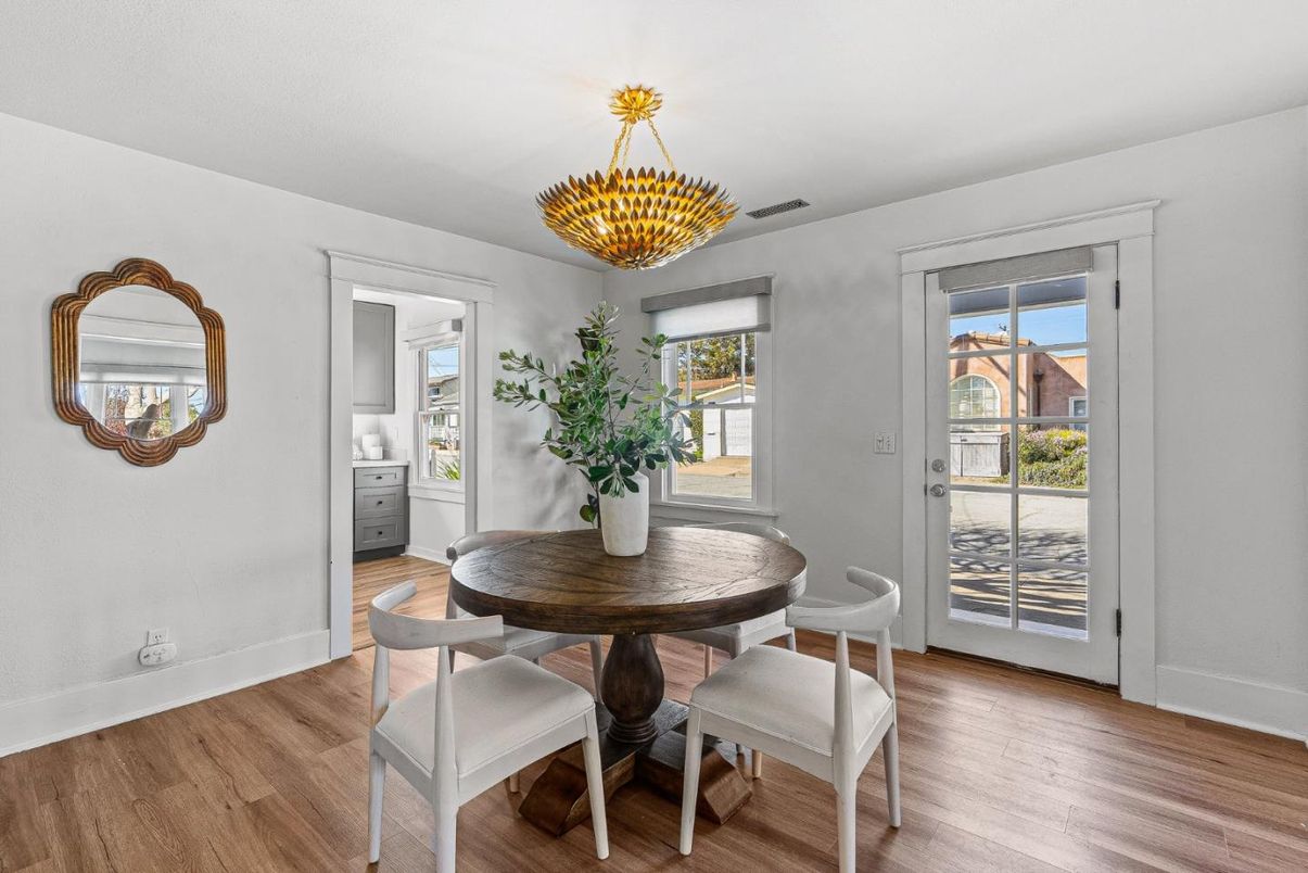 Dining room, Interior, Pendant Lights, Wood Texture Flooring