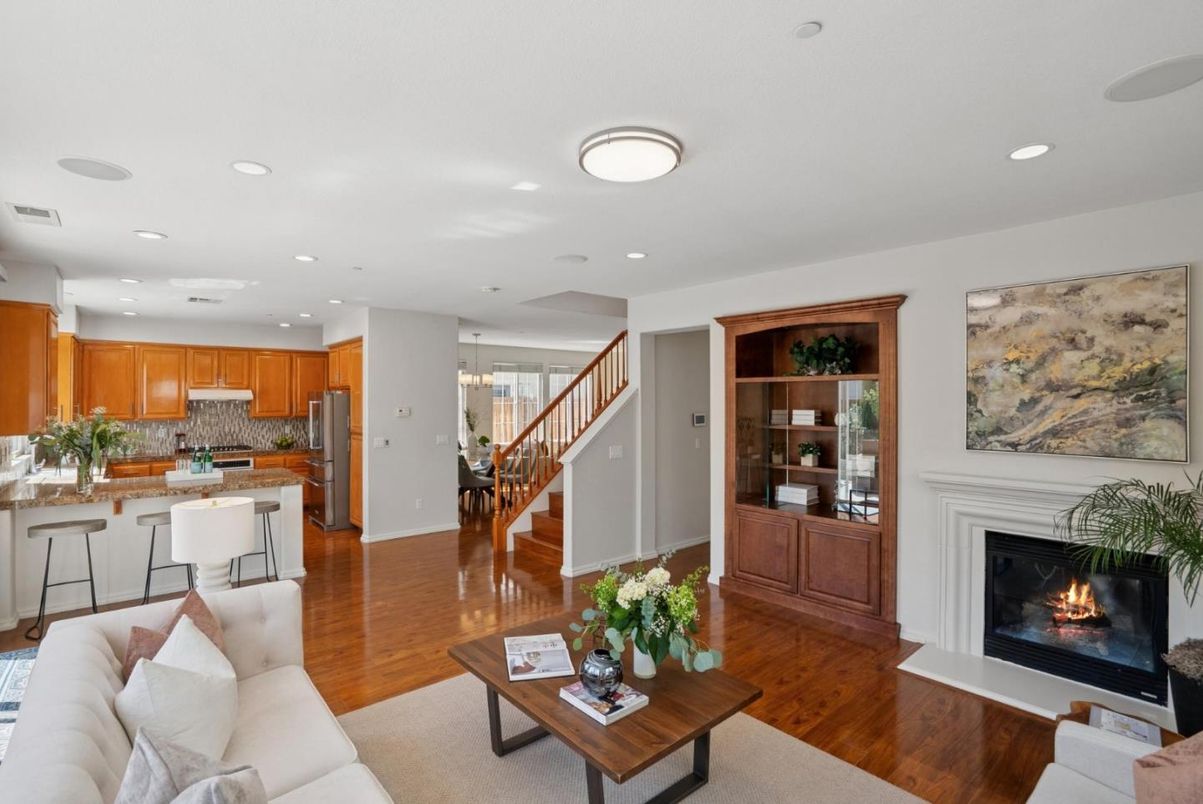 Dining room, Fireplace, Interior, Kitchen, Living room, Recessed Lighting, Wood Texture Flooring