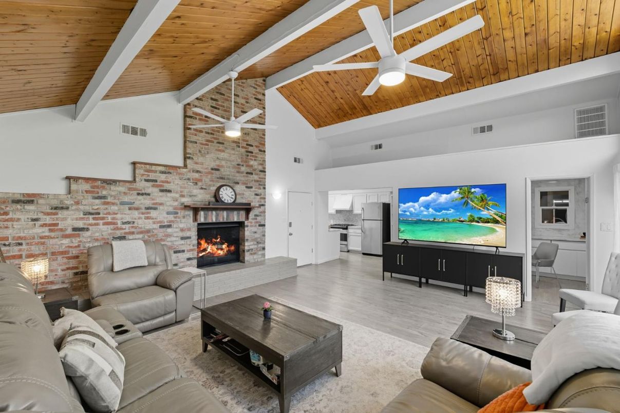 Fireplace, Interior, Kitchen, Living room, Stone Walls, Wooden Ceilings, Wood Texture Flooring