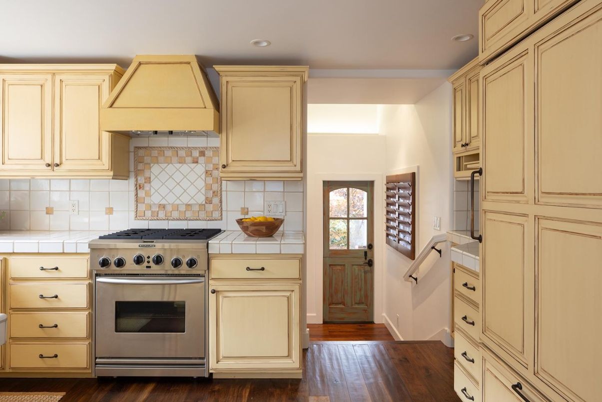 Interior, Kitchen, Recessed Lighting, Stainless Steel Appliances, Tile Countertops, Wood Texture Flooring