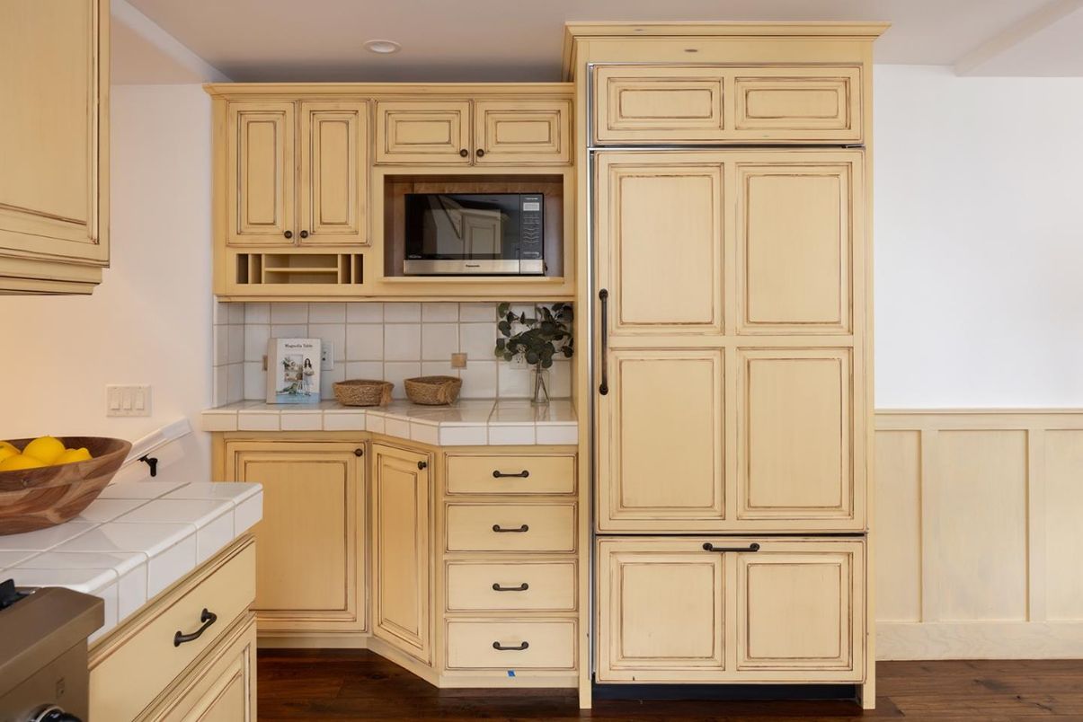 Interior, Kitchen, Recessed Lighting, Tile Countertops, Wood Texture Flooring