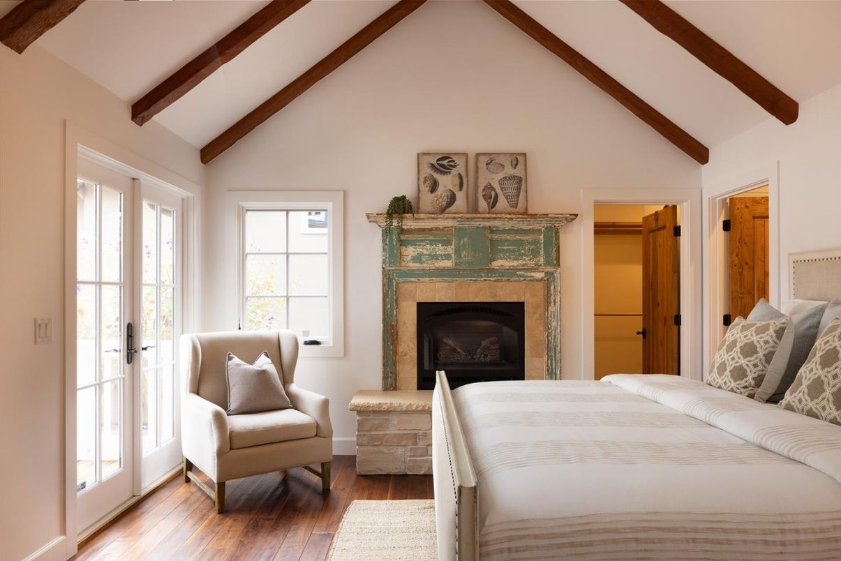 Bedroom, Fireplace, Interior, Wooden Beams, Wood Texture Flooring