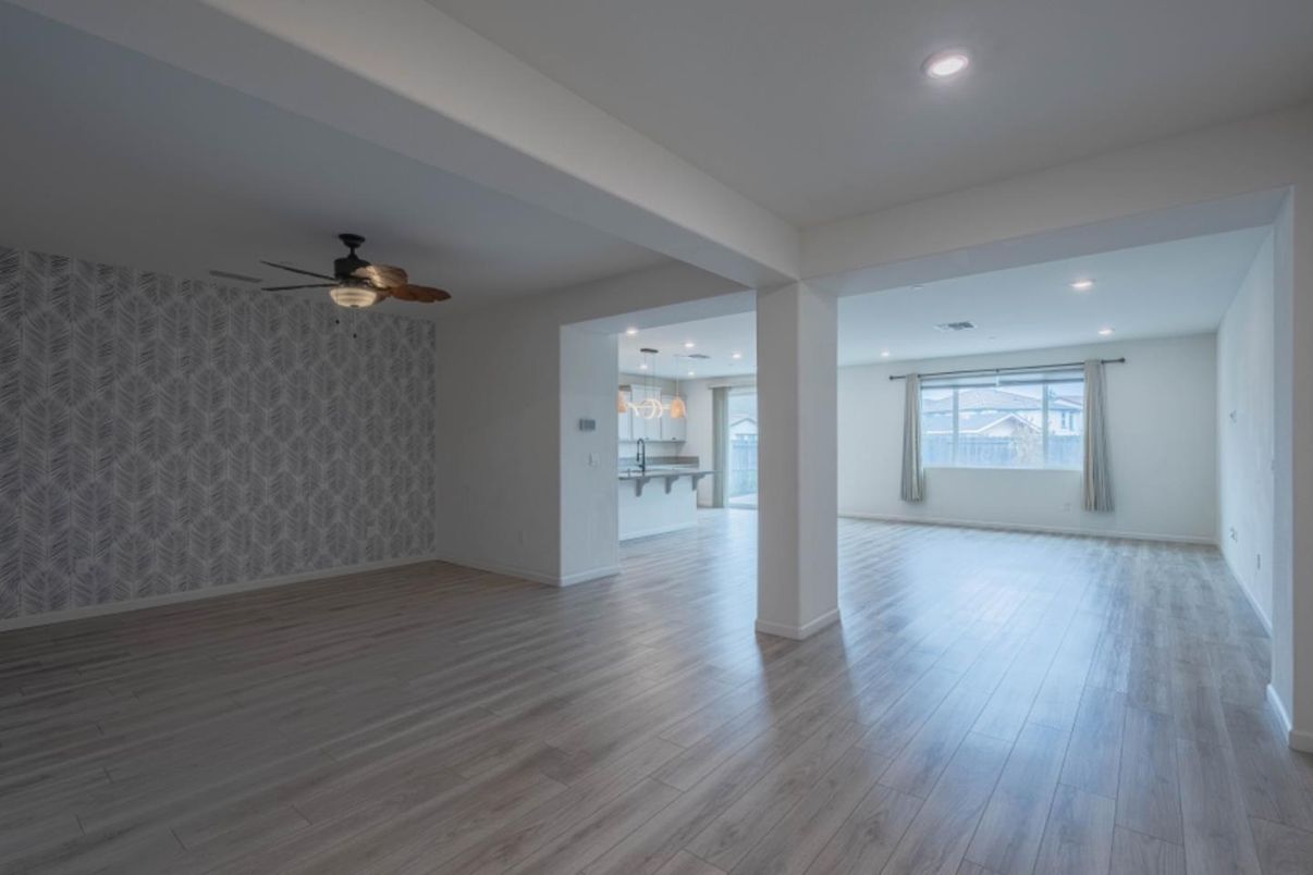 Empty room, Interior, Kitchen, Pendant Lights, Recessed Lighting, Wood Texture Flooring