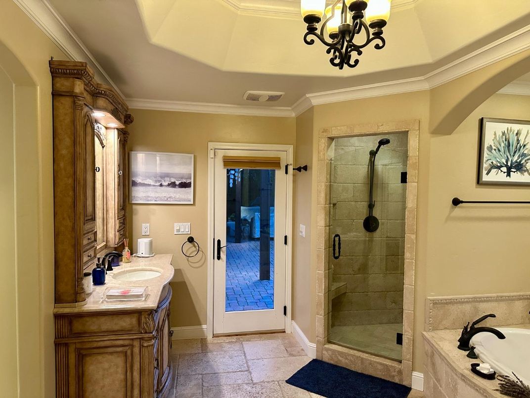 Bathroom, Chandelier, Dual Sink Vanities, Glass Shower, Interior