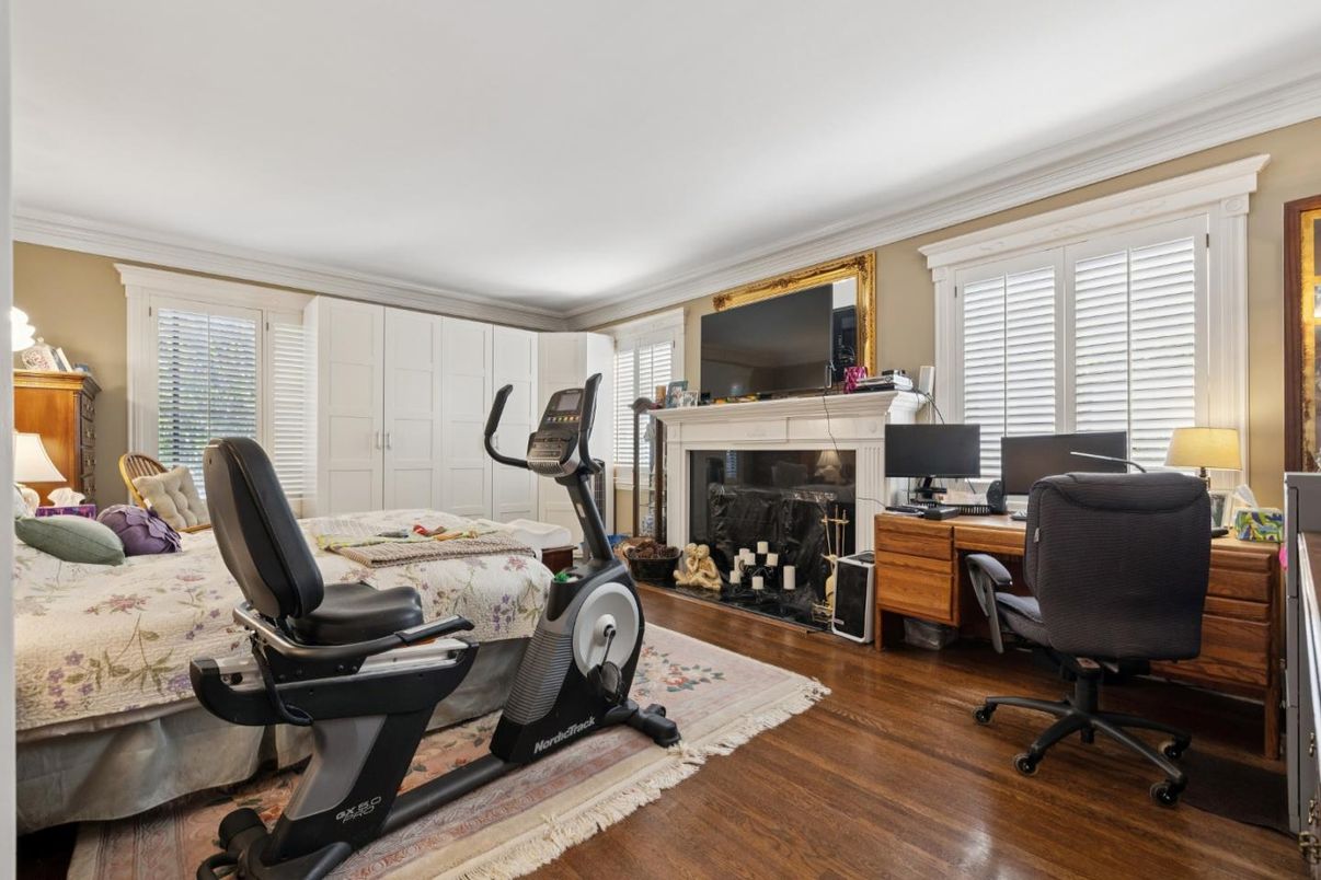 Fireplace, Fitness Equipment, Home Office, Interior, Wood Texture Flooring
