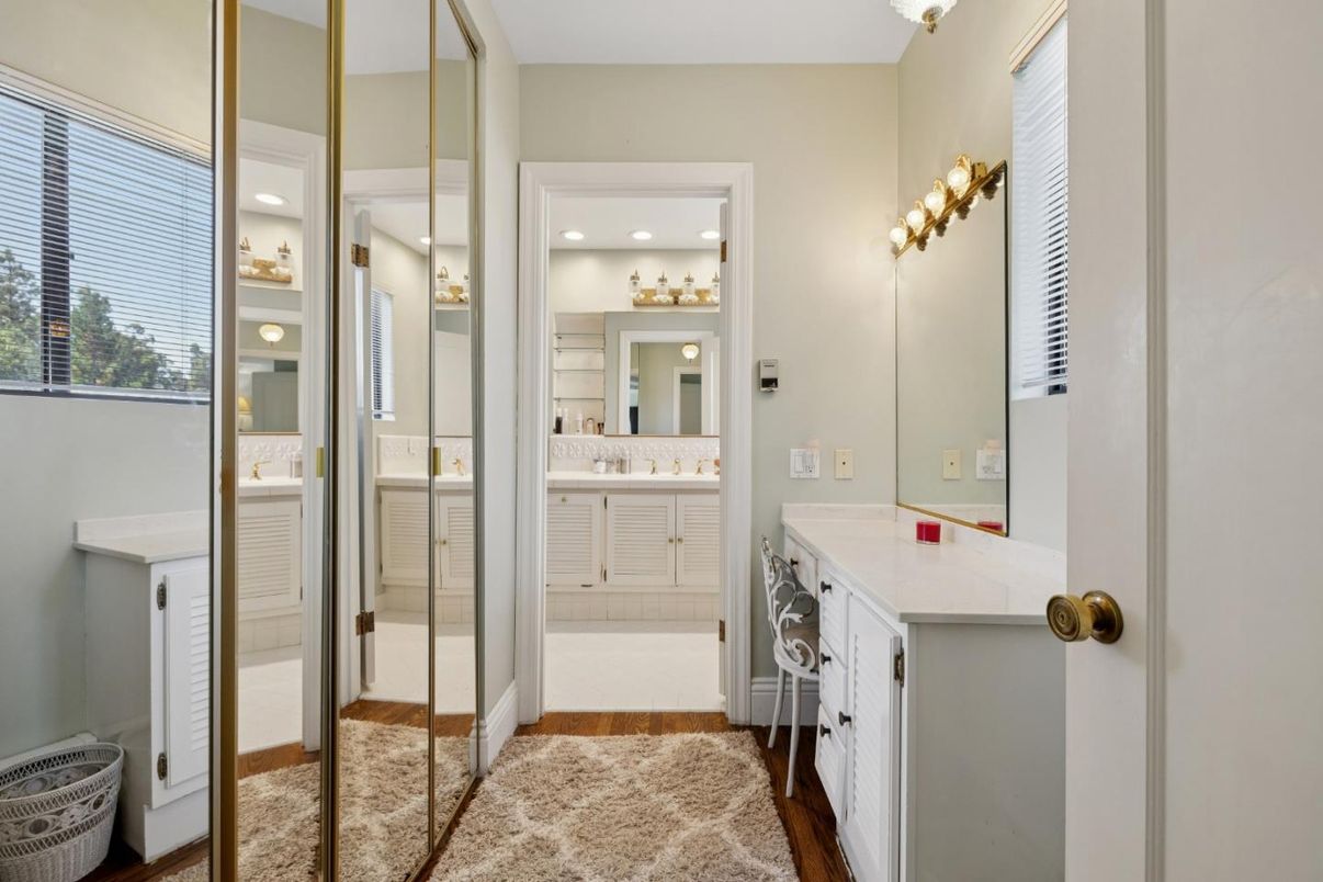 Bathroom, Dual Sink Vanities, Glass Shower, Interior, Recessed Lighting, Wood Texture Flooring