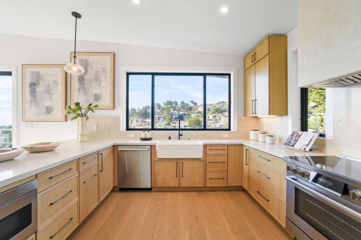 Interior, Kitchen, Pendant Lights, Recessed Lighting, Stainless Steel Appliances, Wood Texture Flooring