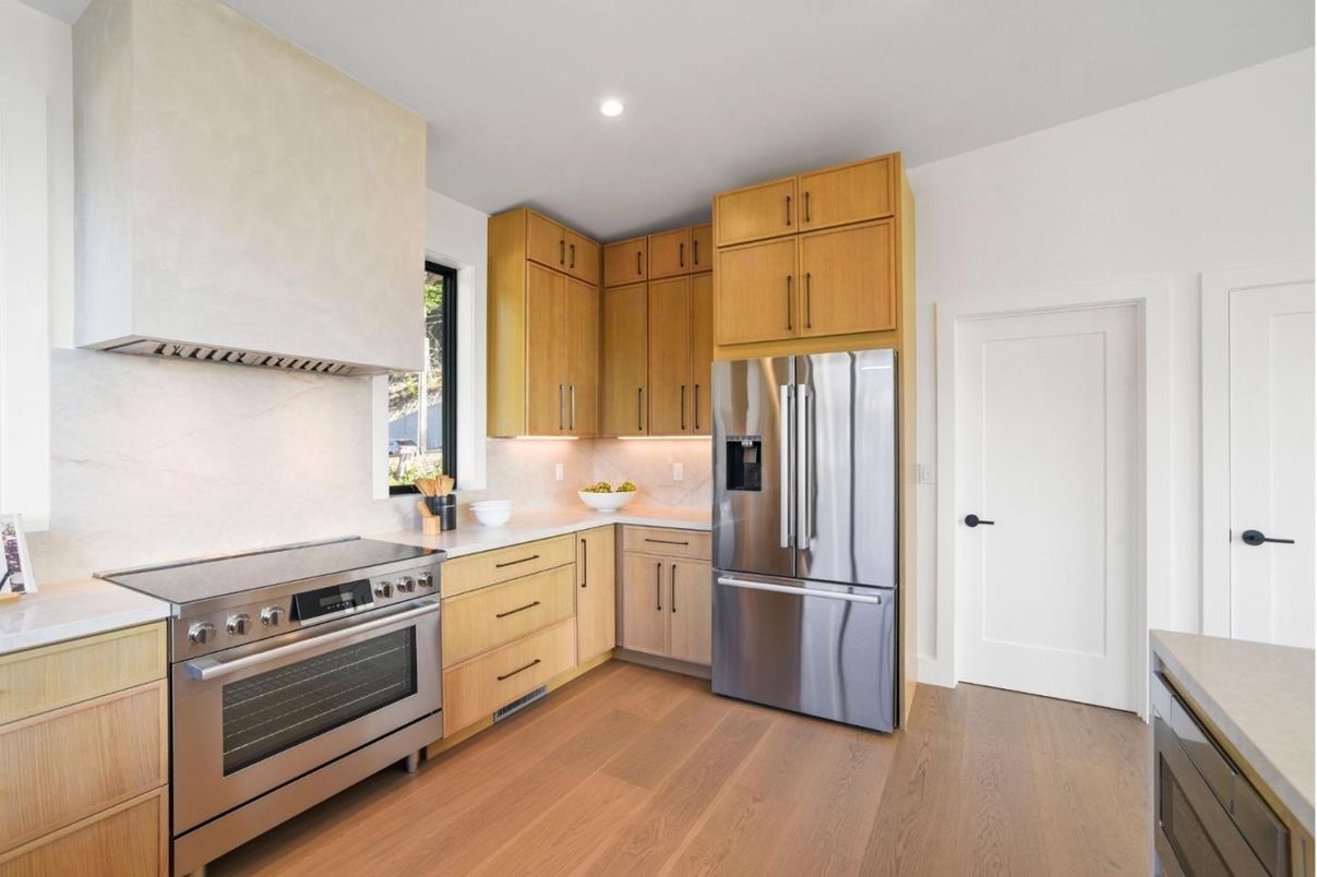 Interior, Kitchen, Recessed Lighting, Stainless Steel Appliances, Wood Texture Flooring