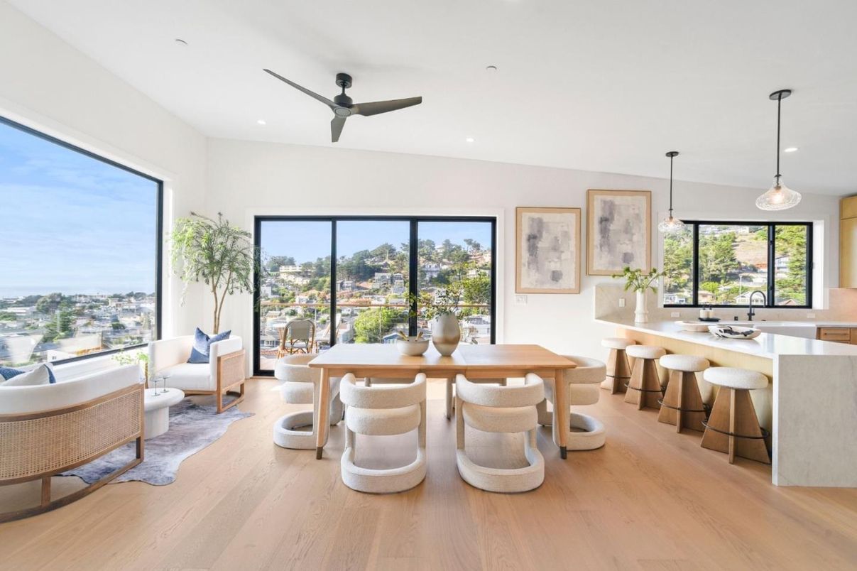 Dining room, Interior, Pendant Lights, Recessed Lighting, Wood Texture Flooring