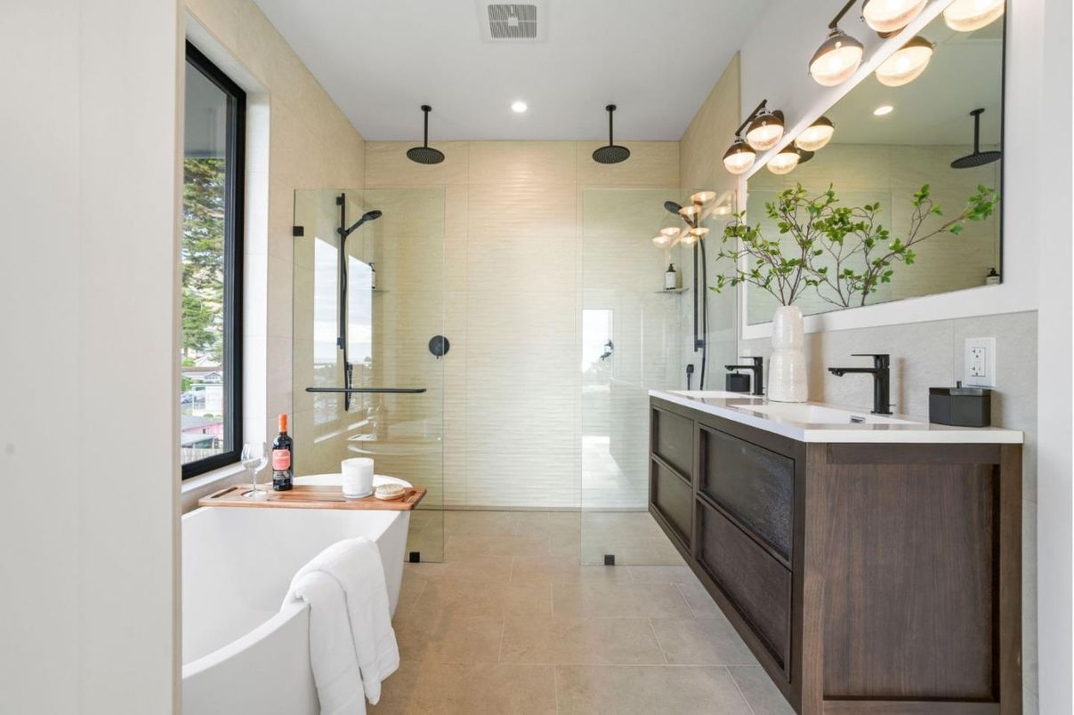 Bathroom, Dual Sink Vanities, Glass Shower, Interior, Recessed Lighting