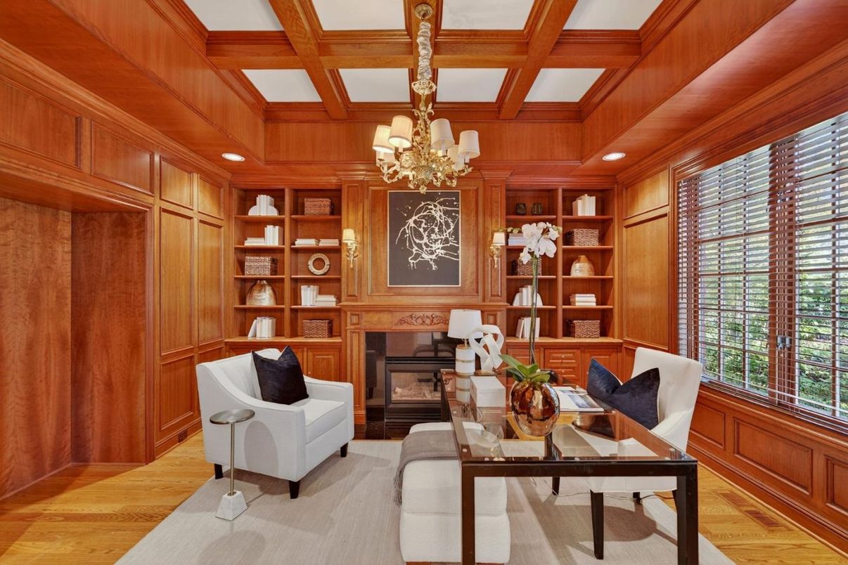 Chandelier, Fireplace, Home Office, Interior, Recessed Lighting, Wooden Beams, Wood Texture Flooring, Wooden Walls