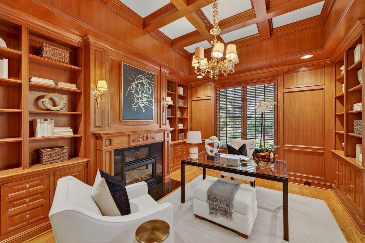 Chandelier, Fireplace, Home Office, Interior, Recessed Lighting, Wooden Beams, Wooden Ceilings, Wood Texture Flooring, Wooden Walls