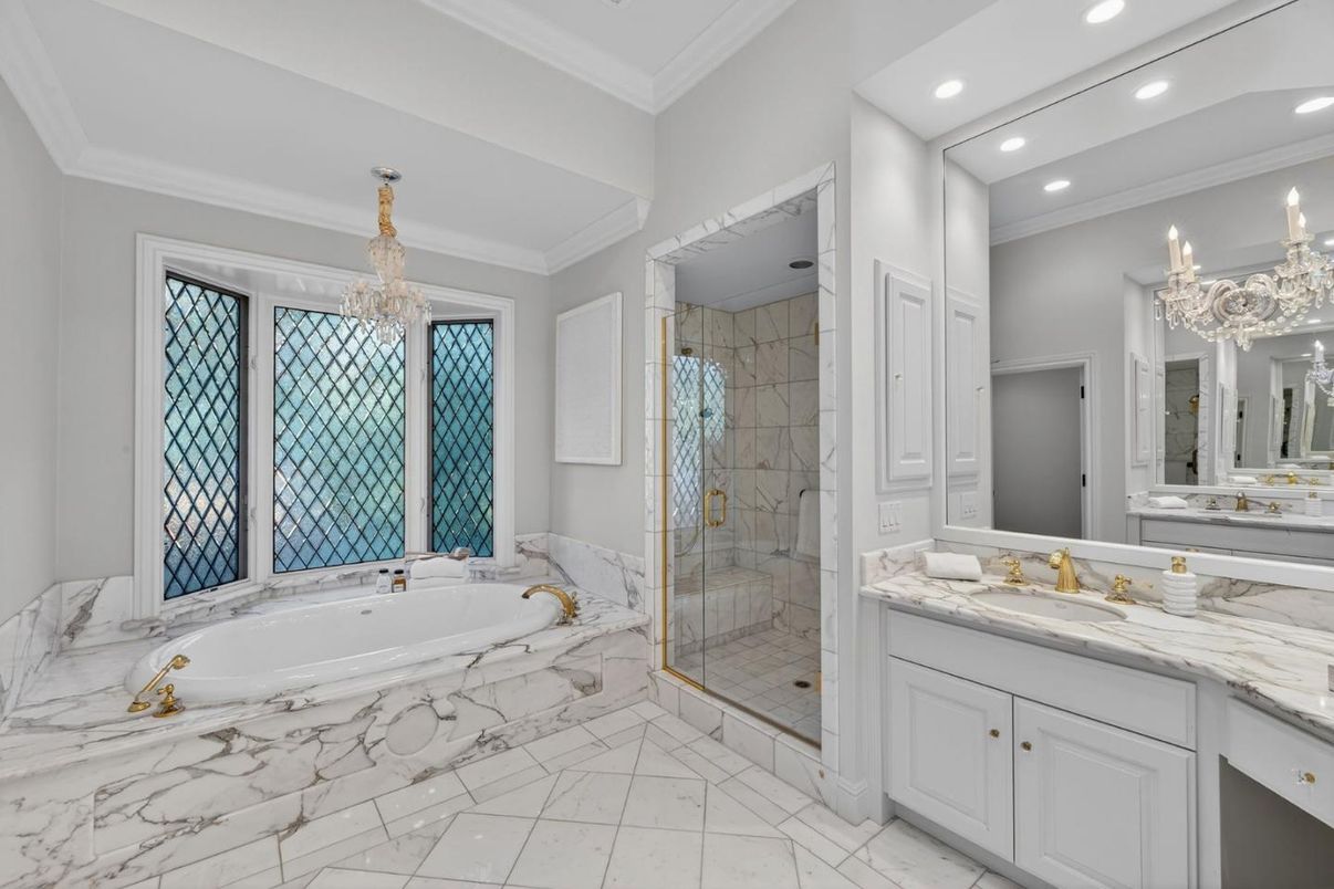 Bathroom, Chandelier, Glass Shower, Interior, Marble, Recessed Lighting