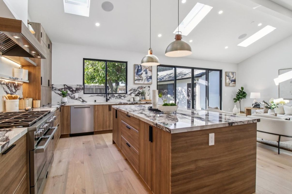 Interior, Kitchen, Pendant Lights, Recessed Lighting, Stainless Steel Appliances, Wood Texture Flooring
