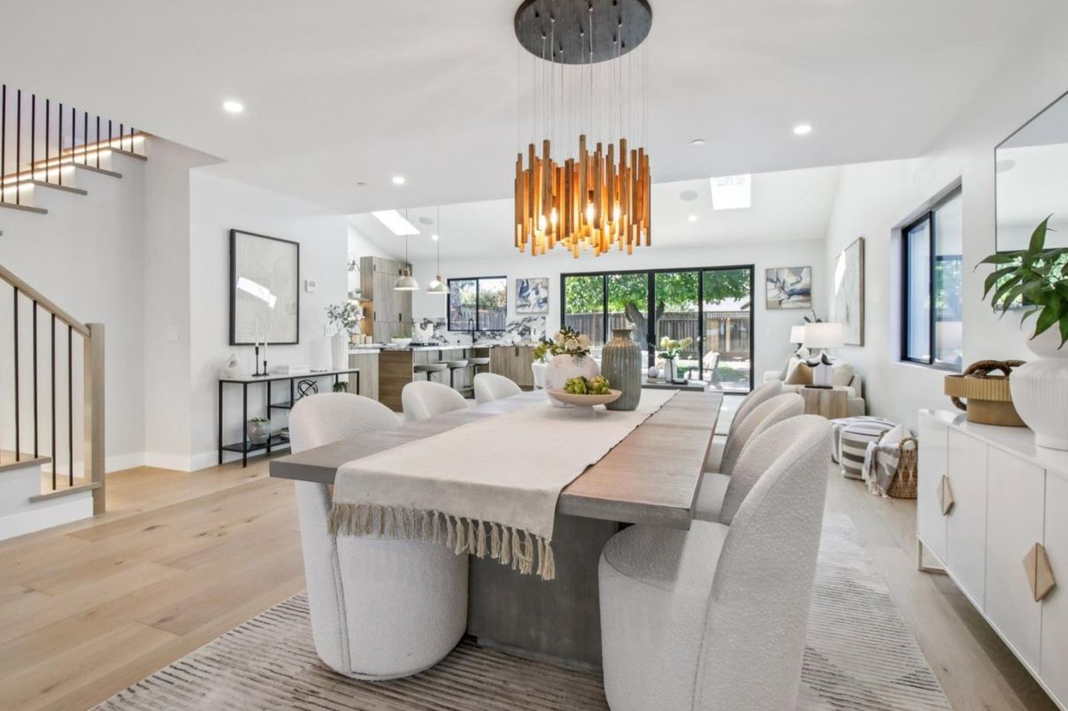 Dining room, Interior, Pendant Lights, Recessed Lighting, Wood Texture Flooring