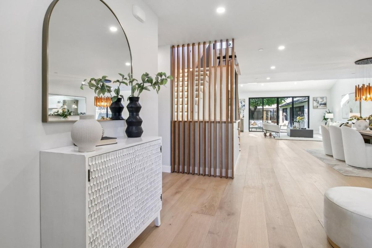 Dining room, Interior, Pendant Lights, Recessed Lighting, Wood Texture Flooring