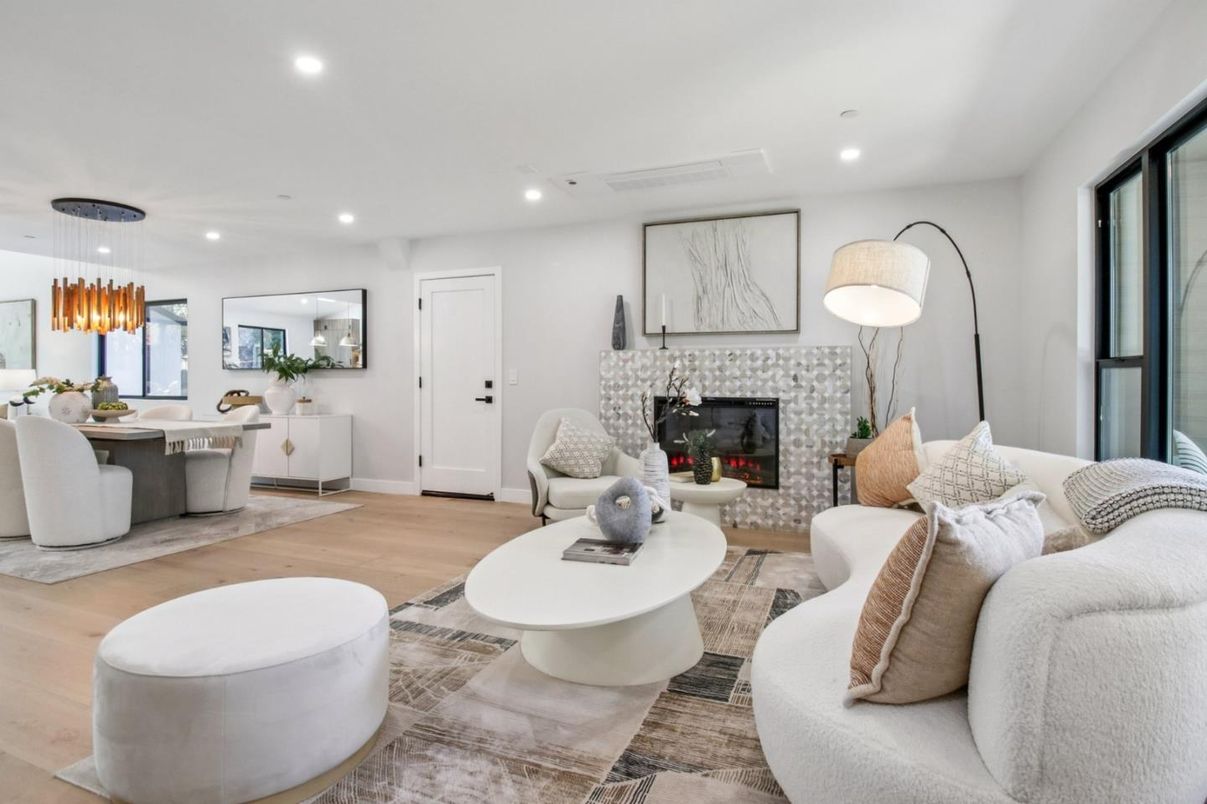 Dining room, Fireplace, Interior, Living room, Pendant Lights, Recessed Lighting, Wood Texture Flooring