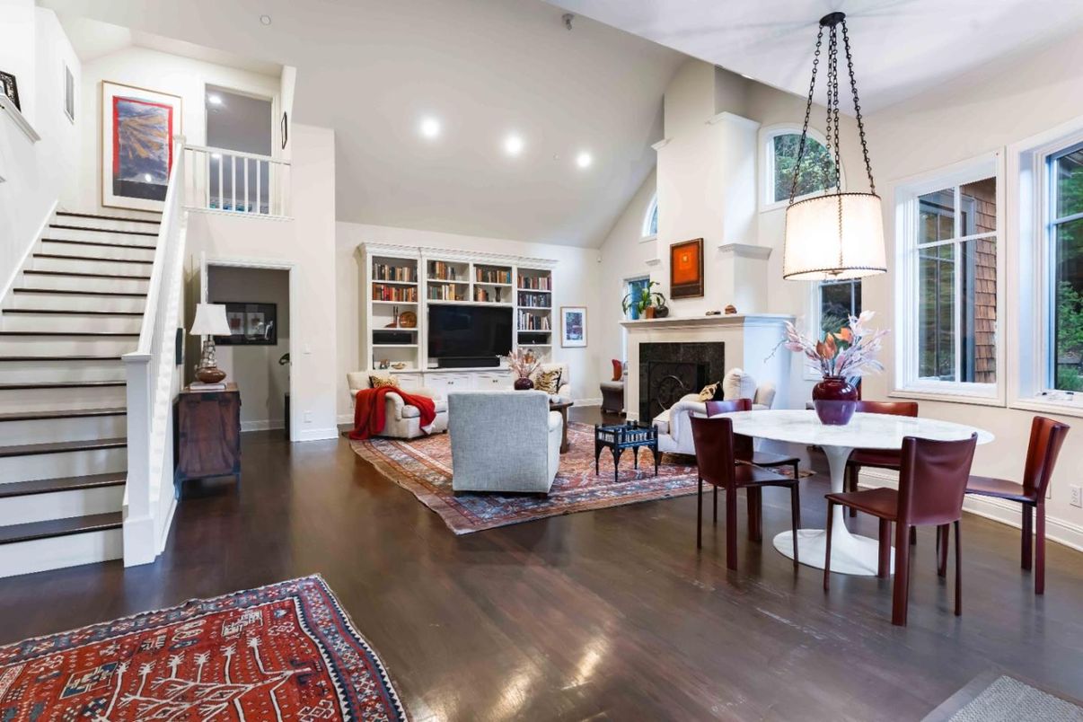 Dining room, Fireplace, Interior, Living room, Pendant Lights, Recessed Lighting, Wood Texture Flooring