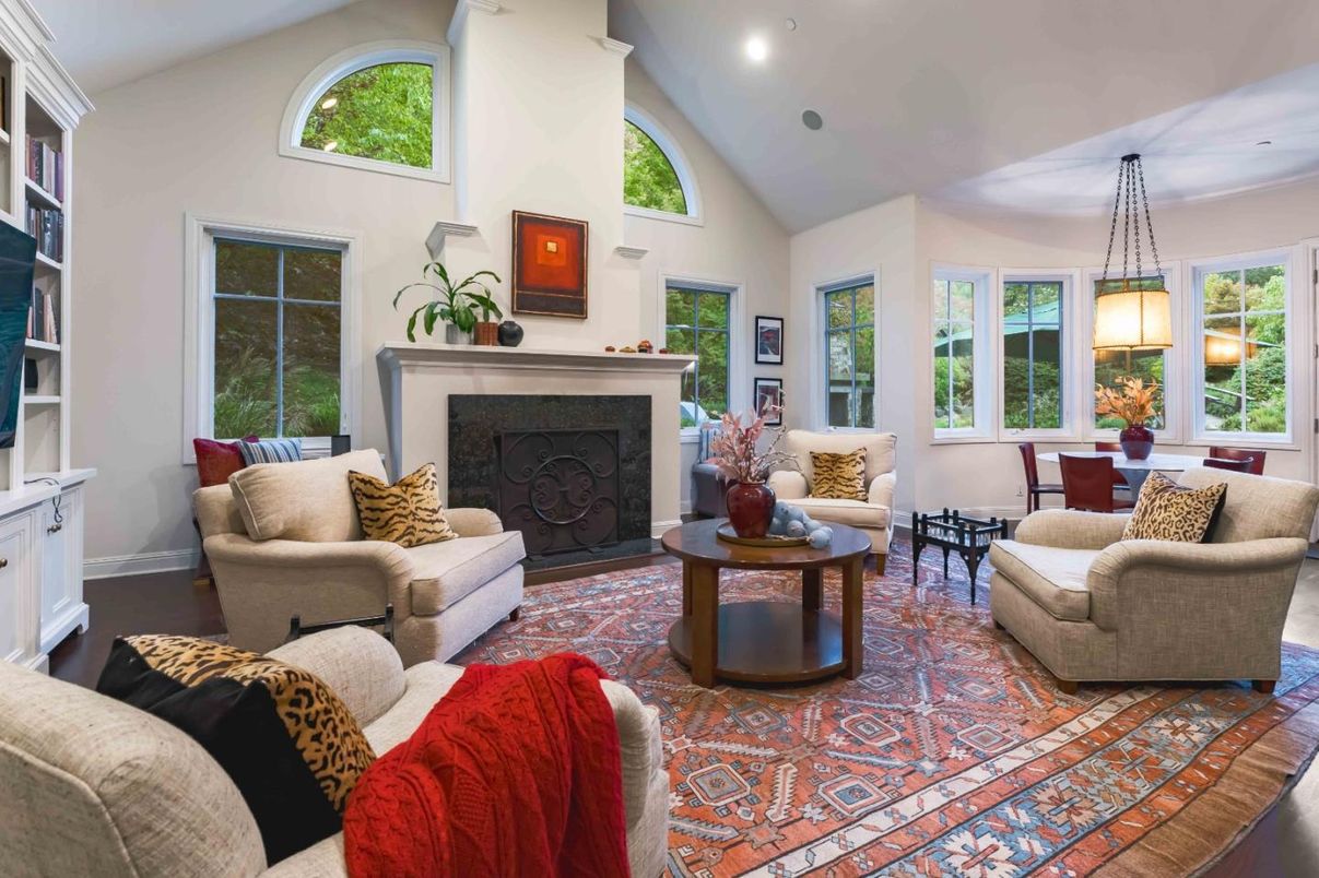 Dining room, Fireplace, Interior, Living room, Pendant Lights, Recessed Lighting