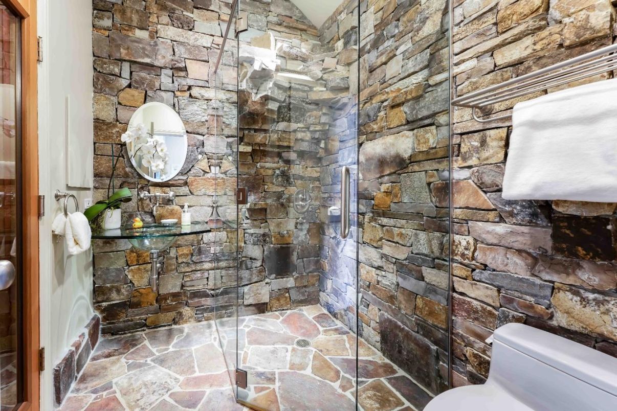 Bathroom, Glass Shower, Interior, Stone Walls
