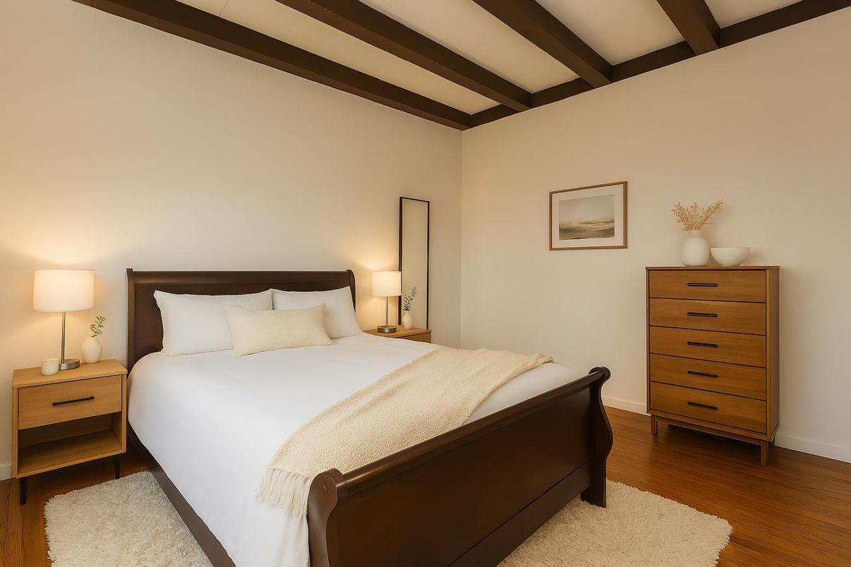 Bedroom, Interior, Wooden Beams, Wood Texture Flooring