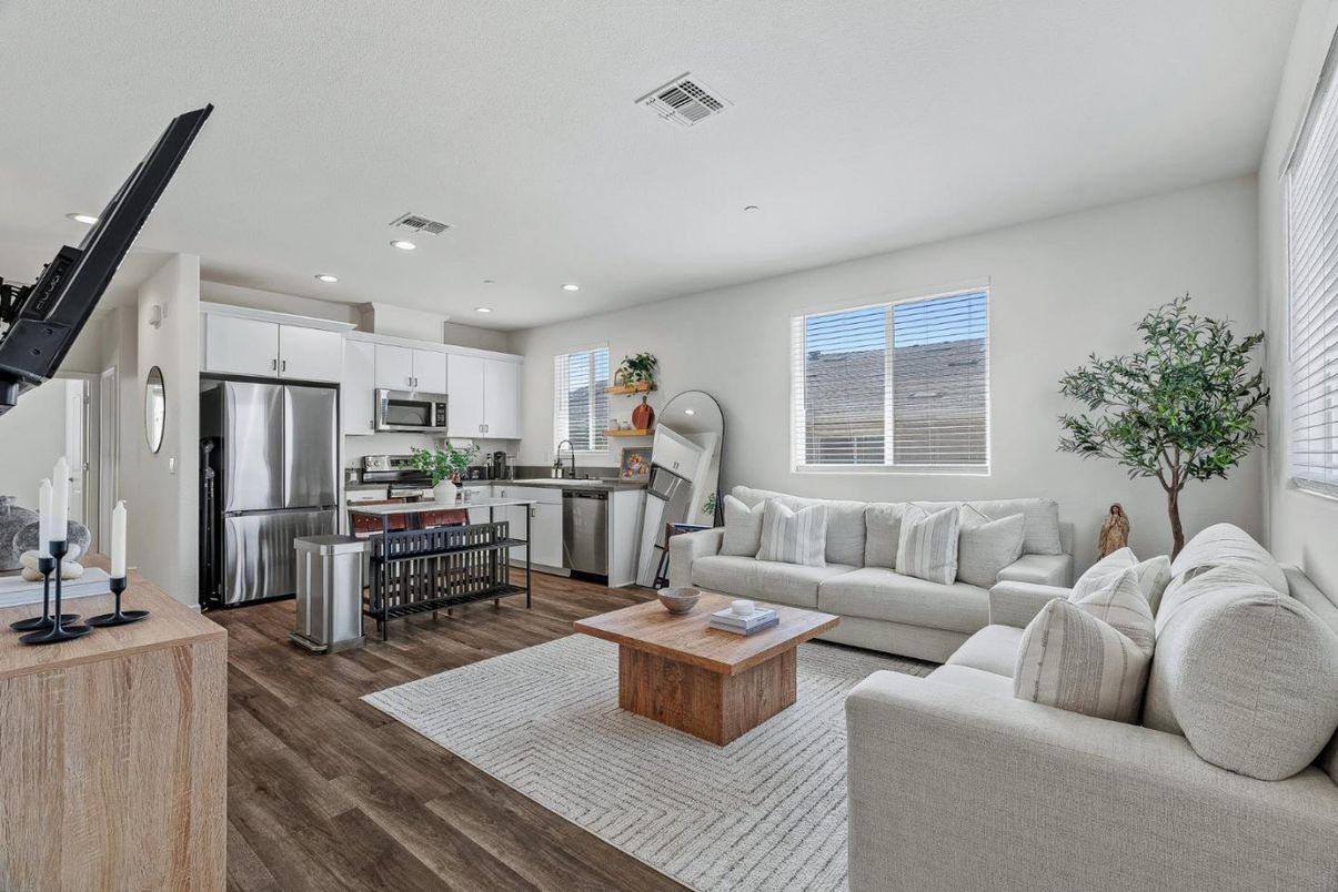 Interior, Kitchen, Living room, Recessed Lighting, Stainless Steel Appliances, Wood Texture Flooring