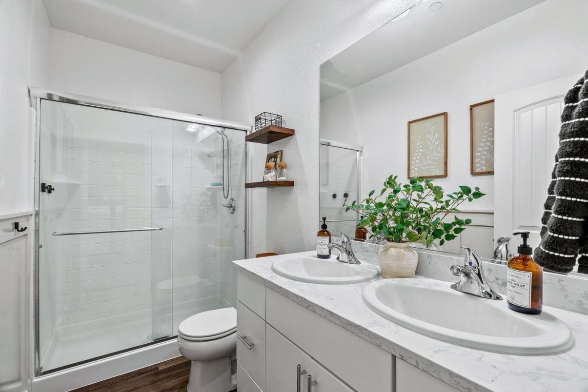 Bathroom, Dual Sink Vanities, Glass Shower, Interior, Wood Texture Flooring